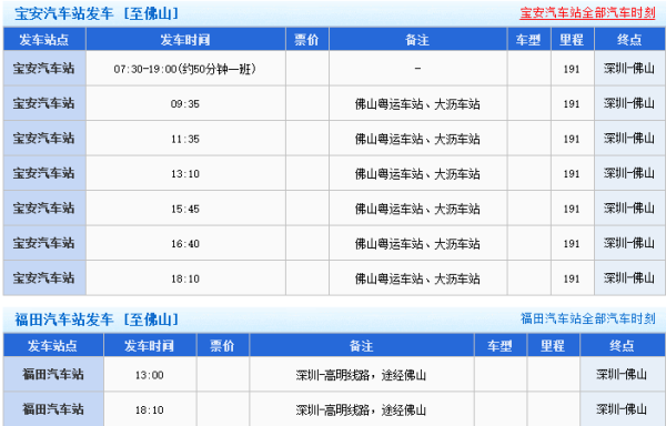 佛山深圳客车（佛山到深圳汽车站时刻表）